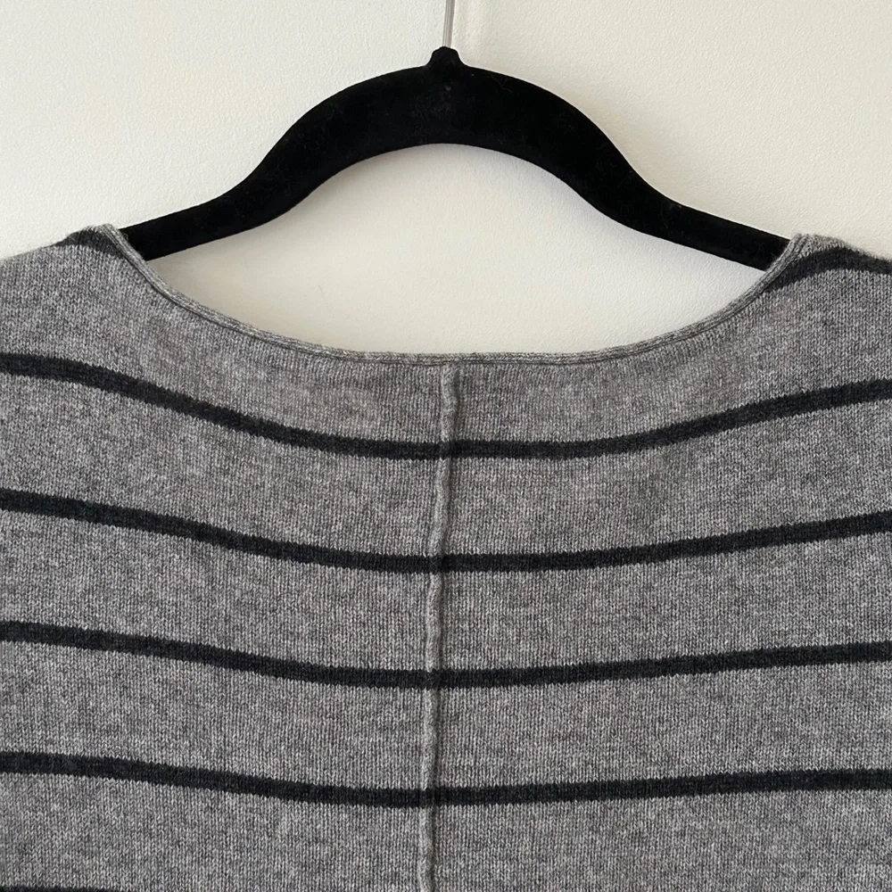 Woolly Minded Wool Cashmere Gray Striped Leather Shoulder Patch Crewneck Sweater